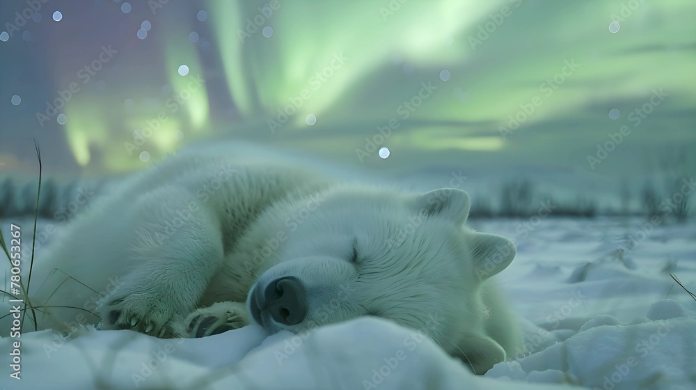 Obraz premium Sleeping Polar Bear Cub under Northern Lights