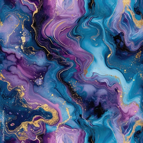 Abstract marbling texture in a blend of blue and purple color, and gold. seamless