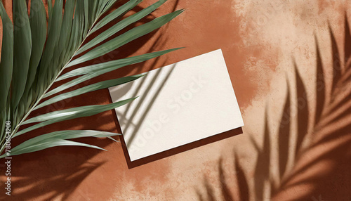 summer-themed mockup featuring a flat lay top view of a blank greeting card placed on grunge terracotta background, with palm leaf and branch shadows overlaying the scene.