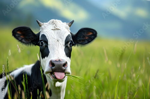 A curious cow sticking out tongue  set against a scenic backdrop of rolling green grass field hills and blue sky on a sunny day.