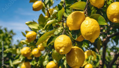The image shows a bounty of ripe lemons falling from a lush lemon grove. The bright yellow lemons dot the air as they tumble from the branches of the leafy trees