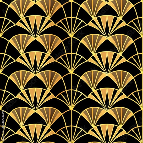 Art deco fan shapes in elegant gold and black color, seamless