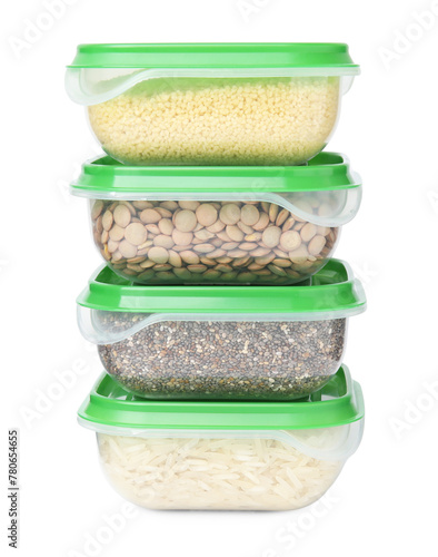 Plastic containers filled with food products isolated on white