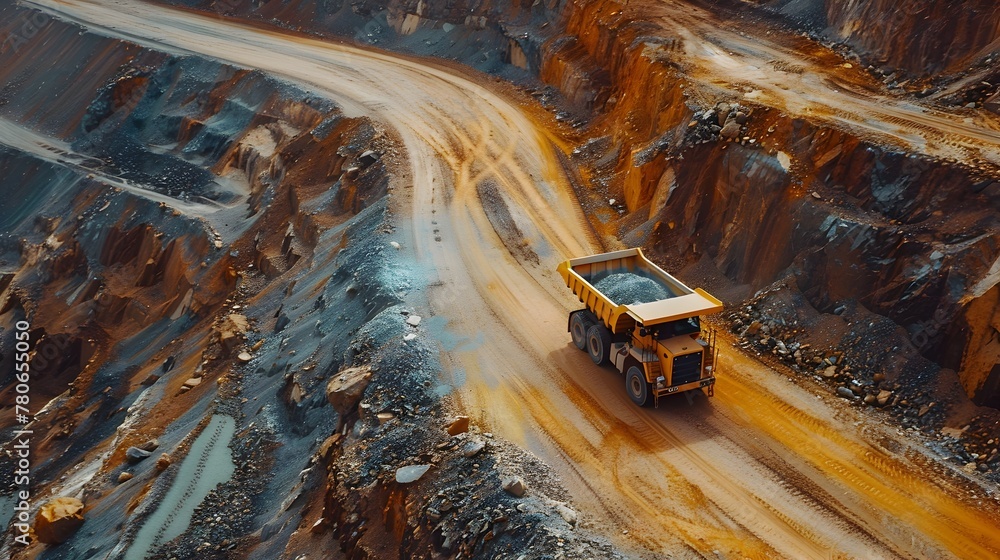 Aerial View of Yellow Mining Truck on Winding Dirt Road Through Rugged Landscape