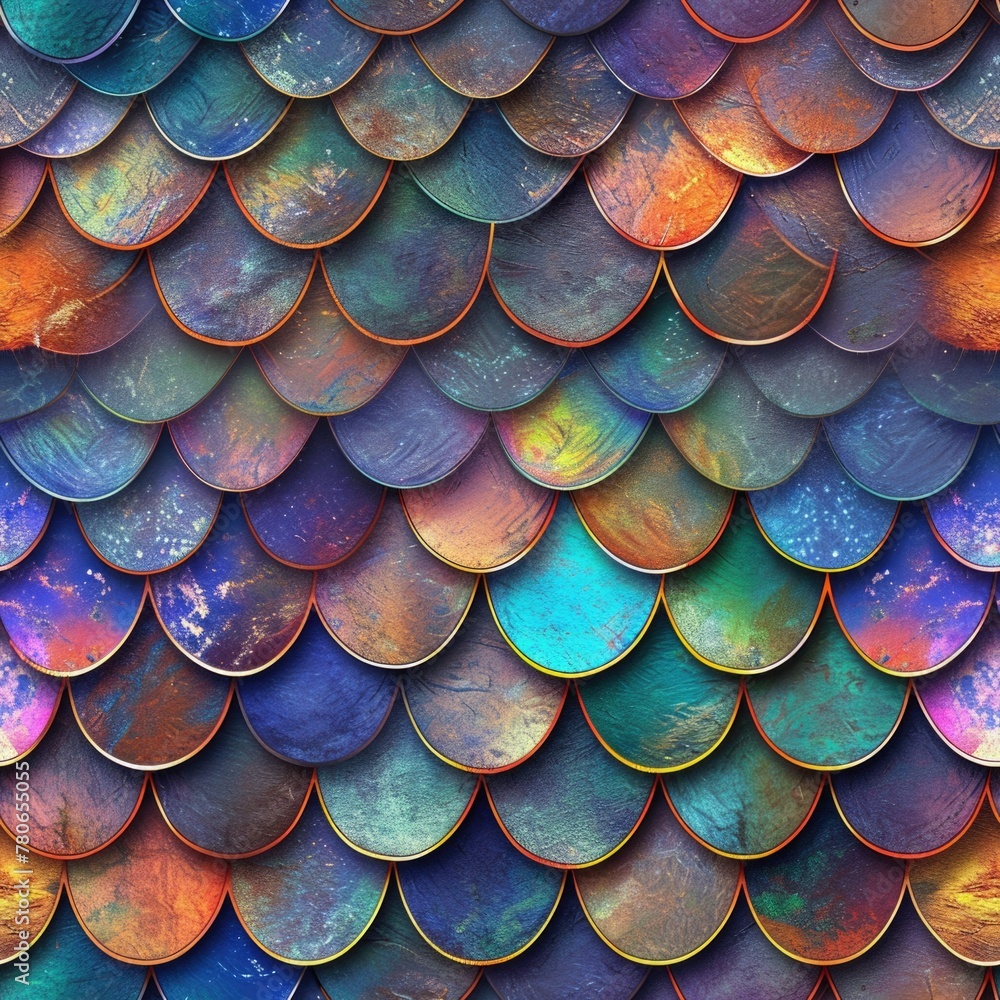 Artistic fish scale pattern, also known as mermaid scales, in iridescent colors. seamless