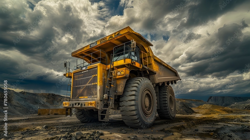 Colossal Yellow Mining Truck Showcasing Power and Scale Against Dramatic Cloudy Landscape
