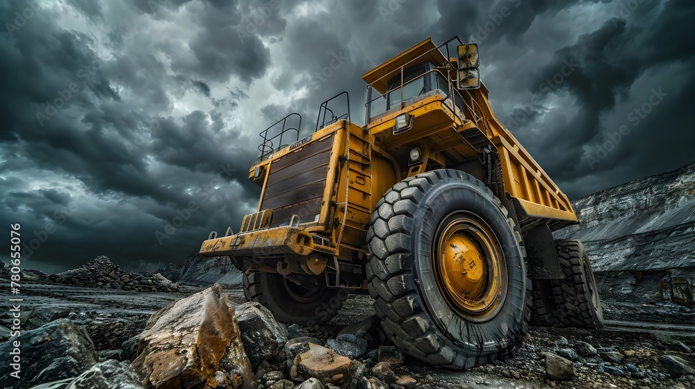 Colossal Yellow Mining Truck Showcasing Power and Scale Amidst Dramatic Cloudy Sky Colossal Yellow Mining Truck Showcasing Power and Scale Amidst Dramatic Cloudy Sky