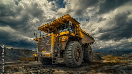 Colossal Yellow Mining Truck Showcasing Power and Scale Against Dramatic Cloudy Landscape