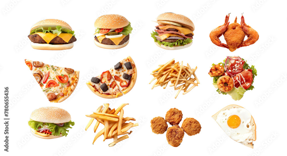 Collection of popular fast food items, including burgers, pizzas, fried snacks, and egg, isolated on a white background.