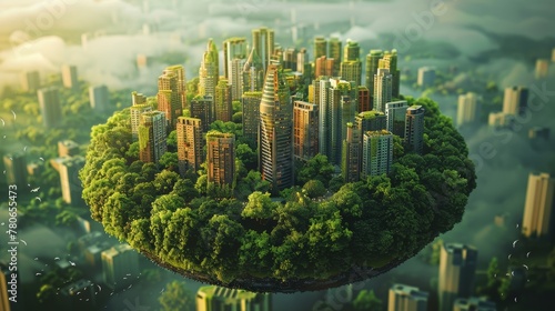 A 3D illustration of Earth featuring a green cityscape