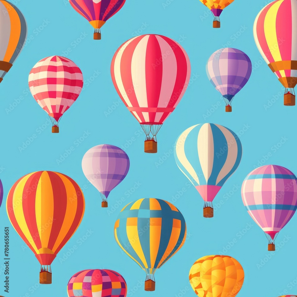 Brightly colored hot air balloons on a sky blue background. seamless pattern