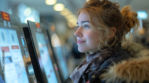 Capture a museum visitor using a self-check-in kiosk at the entrance to purchase tickets and access exhibits and galleries. photo