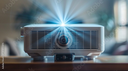 Capture scenes of a white home theater projector mounted on a ceiling mount against a plain white background photo