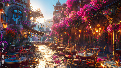 Fototapeta Naklejka Na Ścianę i Meble -  Vibrant City Street in the Evening, Alive with Colorful Lanterns and Bustling Cafes, Capturing the Essence of Urban Life