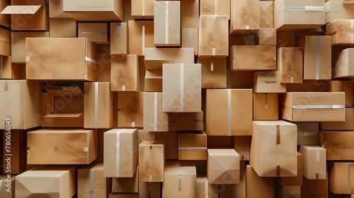 Perspective View of a Large Group of Randomly Stacked Corrugated Cardboard Boxes