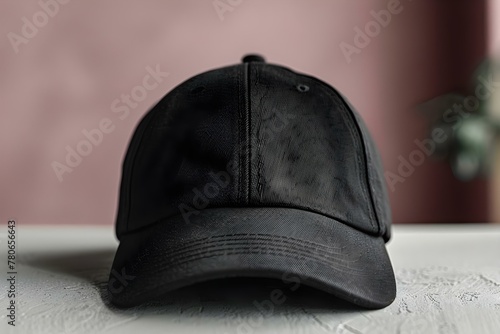 Mockup of a black cap on a white background viewed from the front. Concept Fashion, Apparel, Mockup Design, Black Cap, White Background
