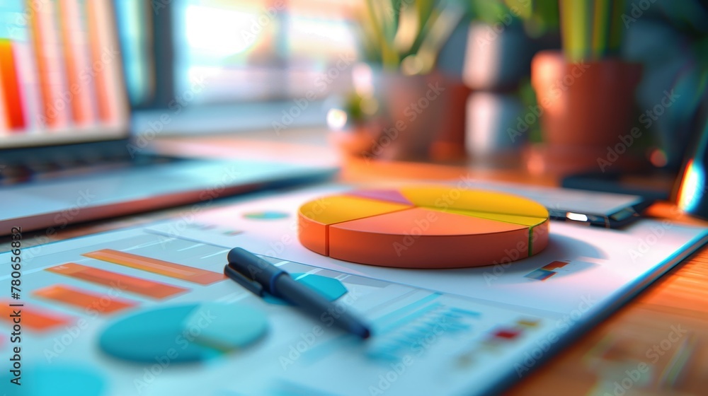 A 3D model showing financial data visualization through pie charts and bar graphs A 3D model showing financial data visualization through pie charts and bar graphs