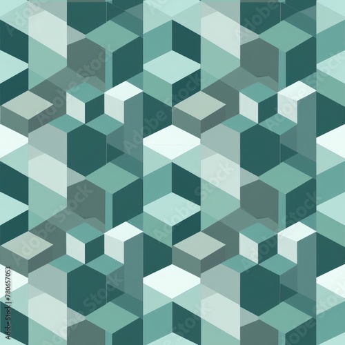 Geometric isometric cubes in a repeating pattern  in shades of teal and grey. seamless