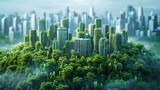 A 3D rendering of planet Earth, featuring a green cityscape