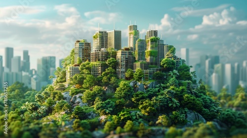 A 3D rendering of planet Earth  featuring a green cityscape