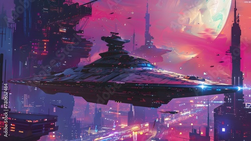 Futuristic cityscape with a spaceship flying over the buildings at night