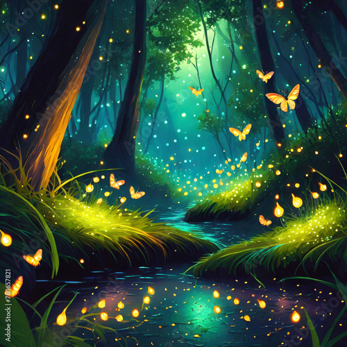밤에 숲 속에서 반딧불이가 빛을 내며 이국적인 분위기를 연출하는 장면