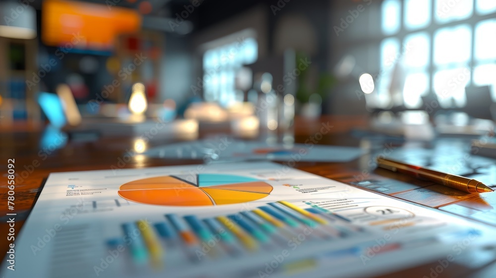 A 3D scene depicting financial data visualization, including pie charts and bar graphs A 3D scene depicting financial data visualization, including pie charts and bar graphs