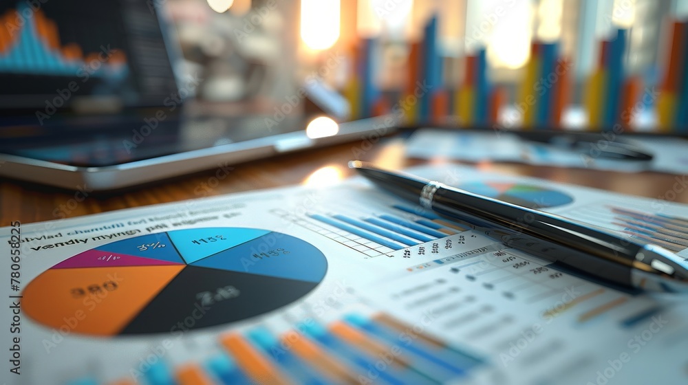 A 3D visualization featuring financial data represented by pie charts and bar graphs A 3D visualization featuring financial data represented by pie charts and bar graphs