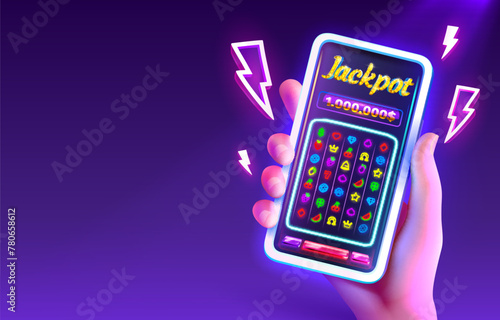 Casino online, Vegas 777 slots, phone screen game. Vector illustration 