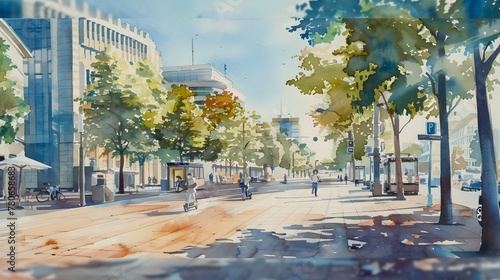Serene Watercolor Cityscape with Pedestrians and Electric Scooters on a Sunny Day photo