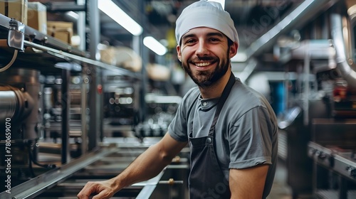 Hardworking Employee Happily Operates Efficient Production Line in Modern Factory