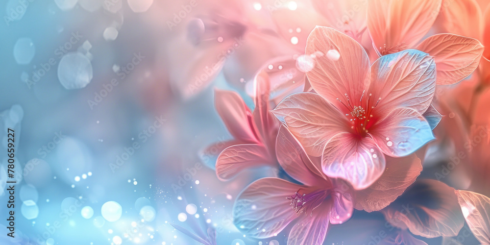 Fototapeta premium Pink Hibiscus Flowers on Blue Background with Bokeh Effect in the Background Beautiful Floral Composition for Backgrounds and Design Projects