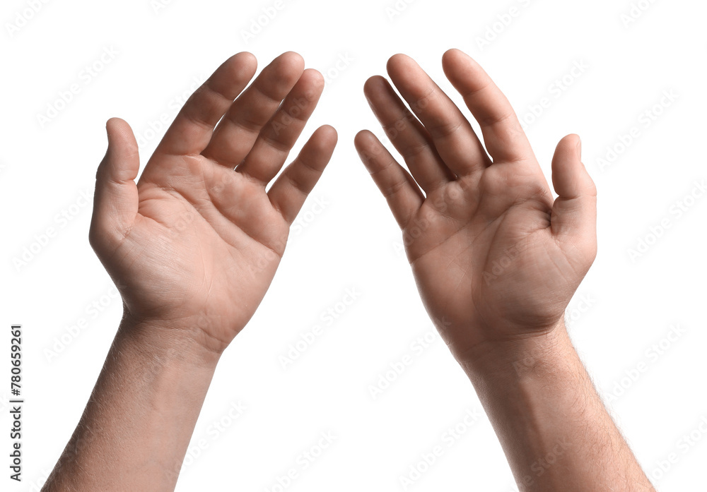 Religion. Man with open palms praying on white background, closeup Religion. Man with open palms praying on white background, closeup