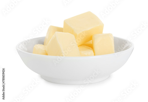 Tasty butter cubes in bowl isolated on white