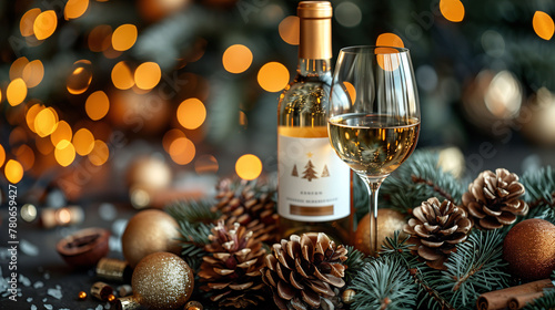 Christmas background with a bottle and glass of white wine, pine cones and a Christmas tree