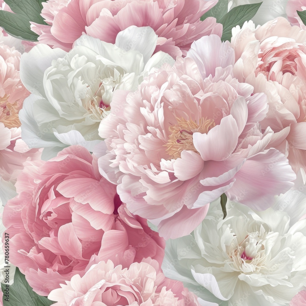 Peony flowers in full bloom, in soft pinks and whites. seamless