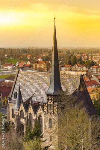 Sunset over the historic St. Petri church in Muhlhausen, Germany