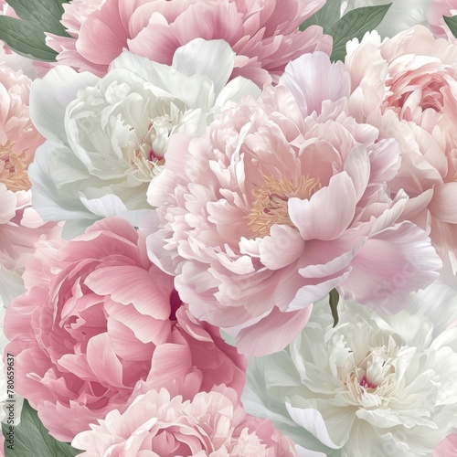 Peony flowers in full bloom  in soft pinks and whites. seamless