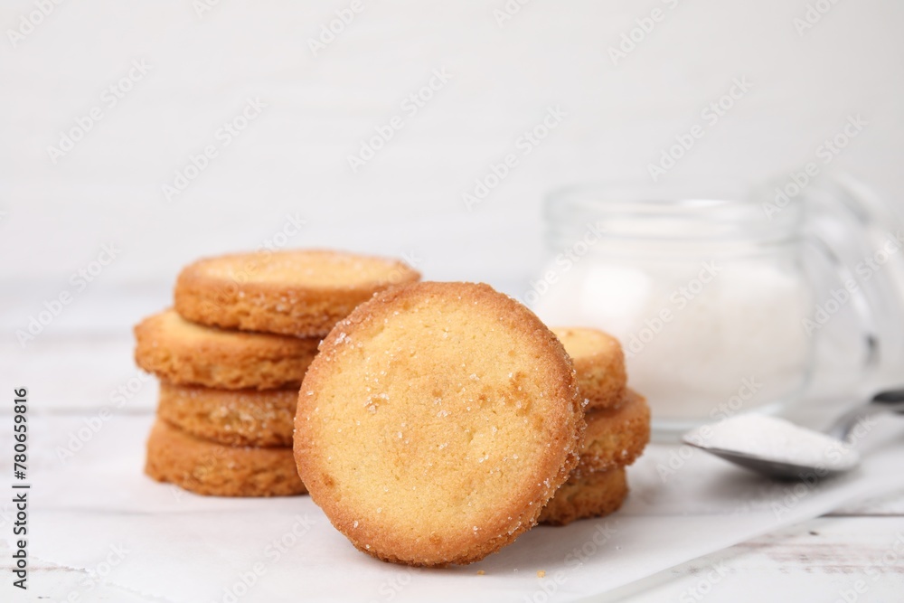 Tasty sweet sugar cookies on white wooden table, closeup Tasty sweet sugar cookies on white wooden table, closeup