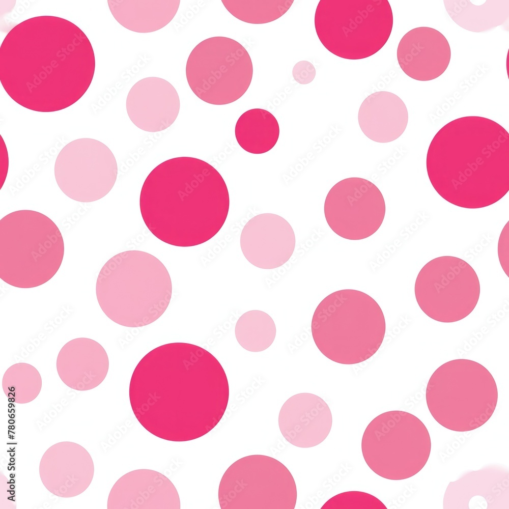 Polka dots in varying sizes, in a playful pink on white background, seamless