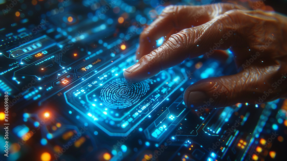 Businessman touches the security button with a fingertip on a virtual screen. Businessman touches the security button with a fingertip on a virtual screen.