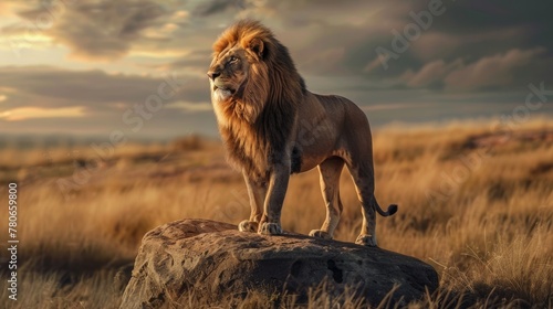 A majestic lion surveys the savanna from atop a rock  captured in stunning detail  AI Generative.