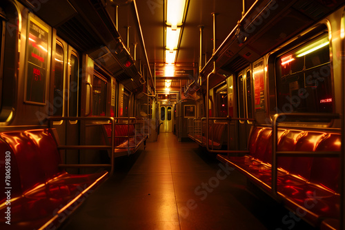 Empty subway car interior with red seats and metallic poles, illuminated by overhead lights, creating a moody atmosphere. Ideal for themes of urban transport, solitude, or city life. photo