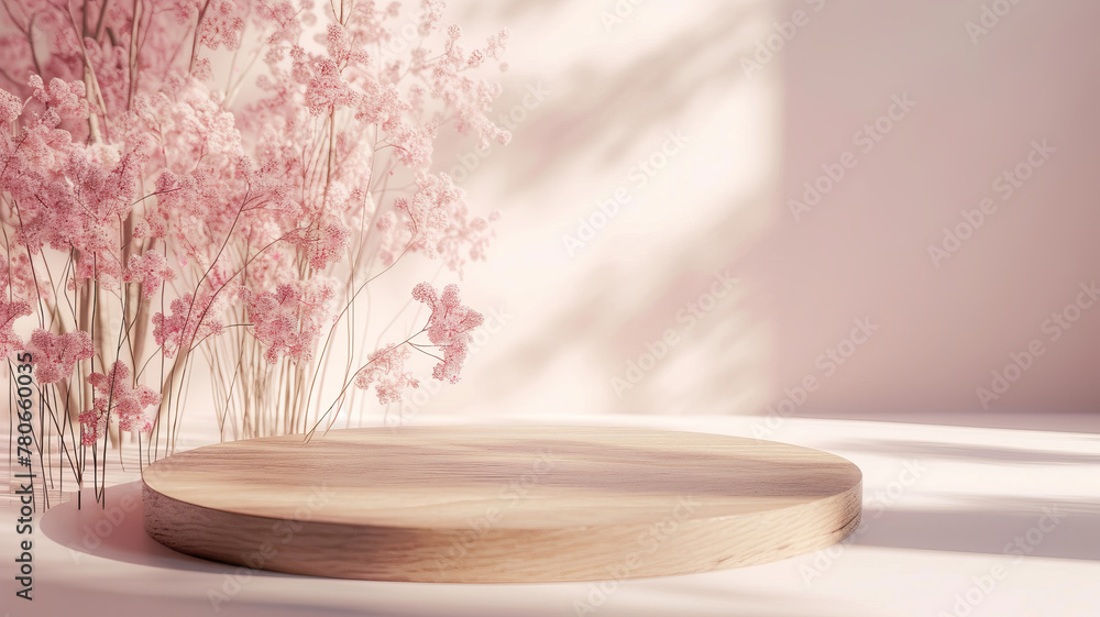 Wooden platform with soft pink grass, minimalist and dreamy in style, AI Generative. Wooden platform with soft pink grass, minimalist and dreamy in style, AI Generative.