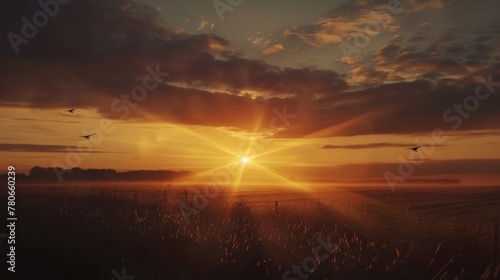 Radiant sunrise over a tranquil field, a new day dawns, AI Generative.