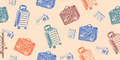 Seamless pattern with travel design elements. Background with vintage travel suitcase, luggage, passport, tickets. Sketch style travel bags. Engraved illustration of travel items photo