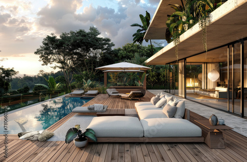 modern outdoor patio with pool, wood deck, couches and chairs, sunset, umbrellas, lush landscaping © Kien