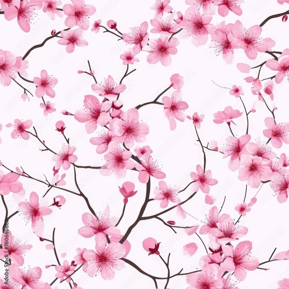 Seamless background of pink cherry blossoms, with delicate petals and branches.