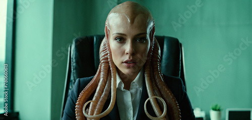 woman is in reality a monster or alien masquerading as a human, a parasite occupies and controls the human body, tentacles, horror or alien invasion of an extraterrestrial species, in the office