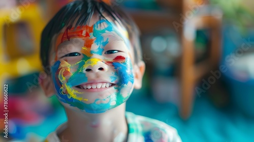 Joyful Asian Child Exploring Imagination and Self-Expression through Colorful Face Painting